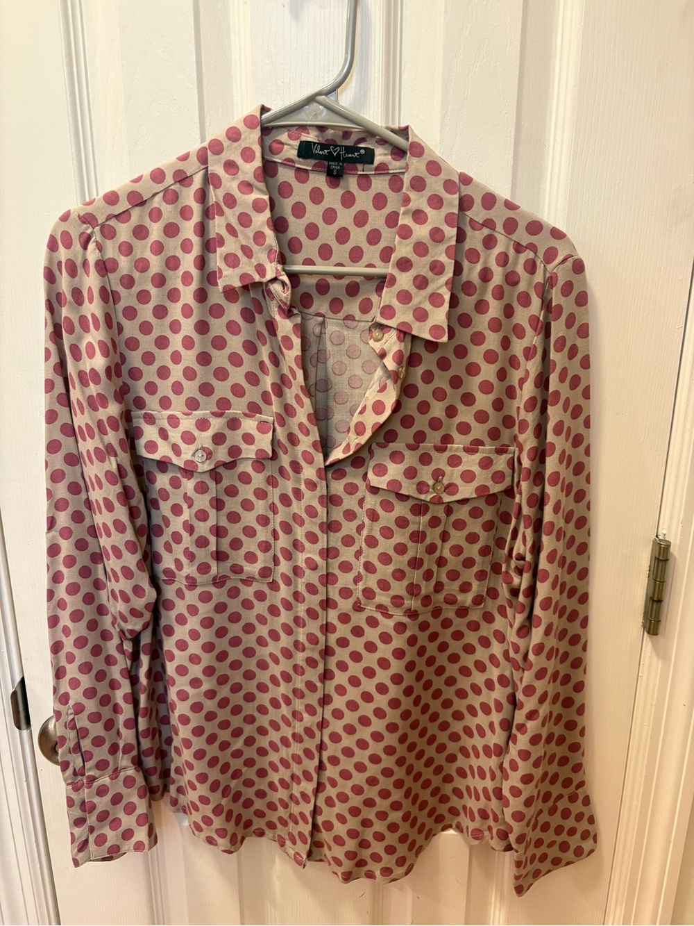 Taupe Shirt with Purple Polka Dots